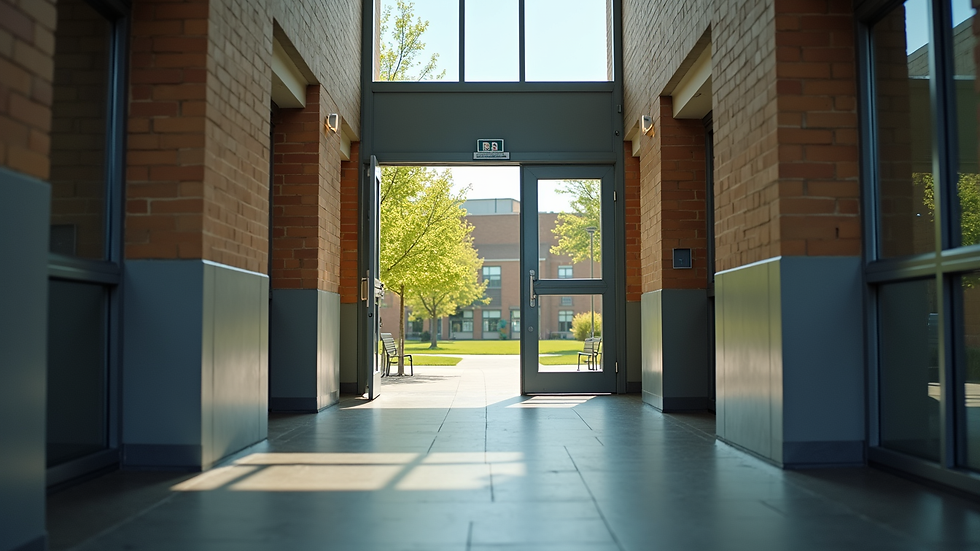 Eye-level view of a school building entrance with a clear sign