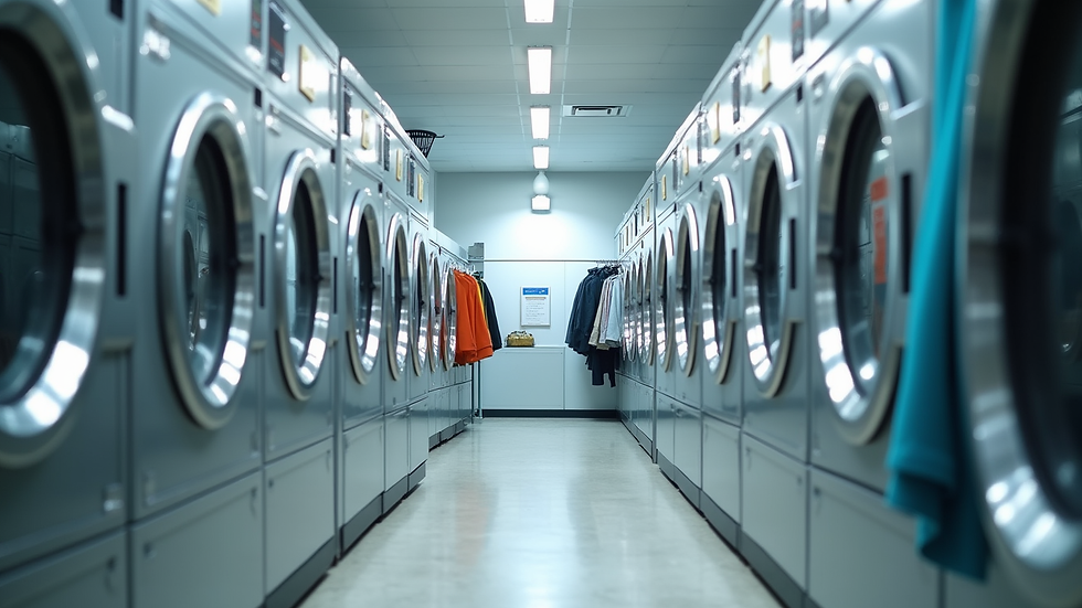 Eye-level view of a modern drycleaning shop interior with clothes hanging neatly