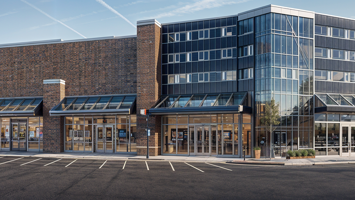 Photo of a modern truck maintenance facility featuring a bold blue façade with block siding. Emphasize the sleek glass doors and the adjacent large truck parked at the entrance. Set in an industrial urban environment with surrounding commercial buildings and asphalt pavement. Bright daylight illuminates the scene, casting soft shadows on the ground. Perspective from a slightly lowered angle, using a wide-angle lens to capture the expansive foreground and structure, enhancing the architectural details and context of the setting.