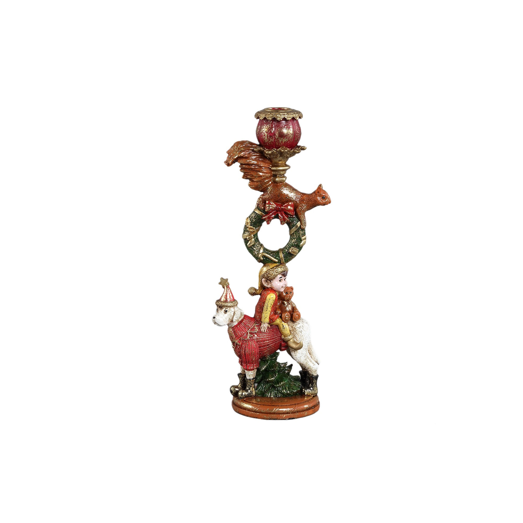 Noel Red poly candle holder squirrel and dog, 12x9.5x30.5cm