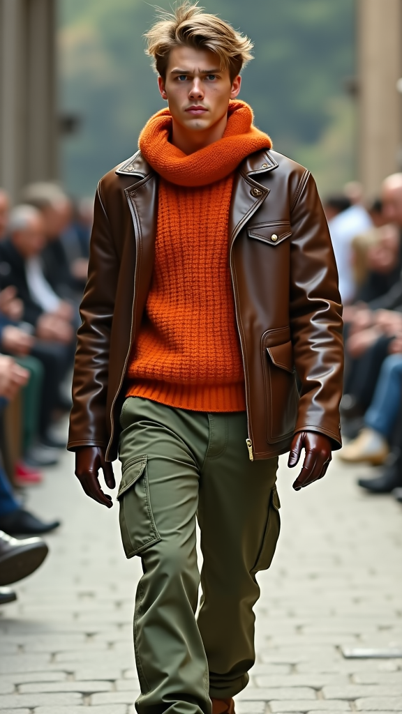 A man wearing a knitted orange sweater and a leather jacket