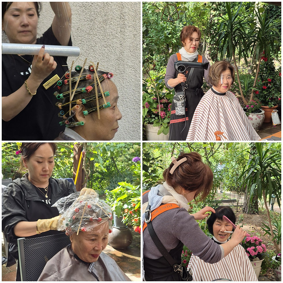 파독간호사 60주년 미용봉사, 자원봉사자가 파독간호사에게 정성껏 파마를 해주는 모습 (Korean Nurses to Germany 60th Anniversary beauty service — a volunteer giving a perm to a Korean nurse who emigrated to Germany)