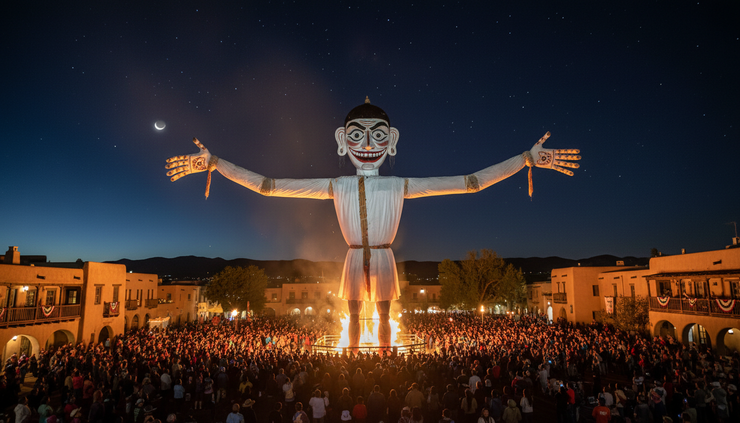 Wide-angle view of a giant Zozobra figure standing above a nighttime crowd in Santa Fe.