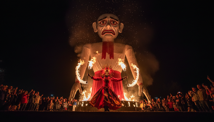 Low-angle view of the Fire Spirit holding flames before Zozobra at night.