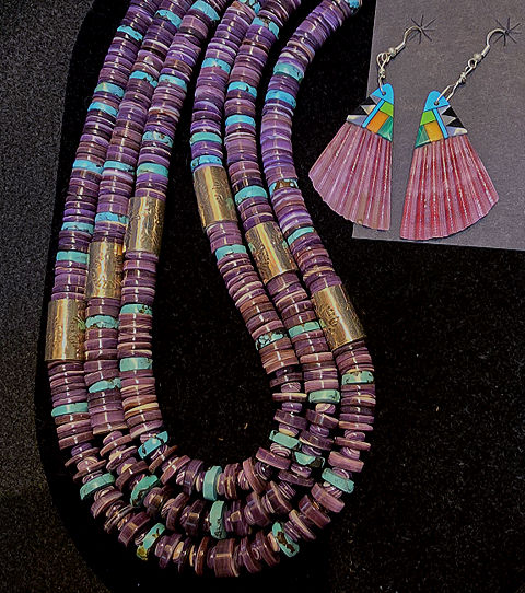 Heishi Necklace featuring Purple Spiny Oyster, Wampum, Turquoise and sterling silver barrel beads with accompanying earrings