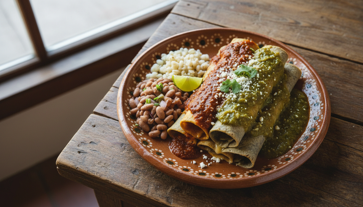 Overhead view of enchiladas with red and green chile sauces on a ceramic plate