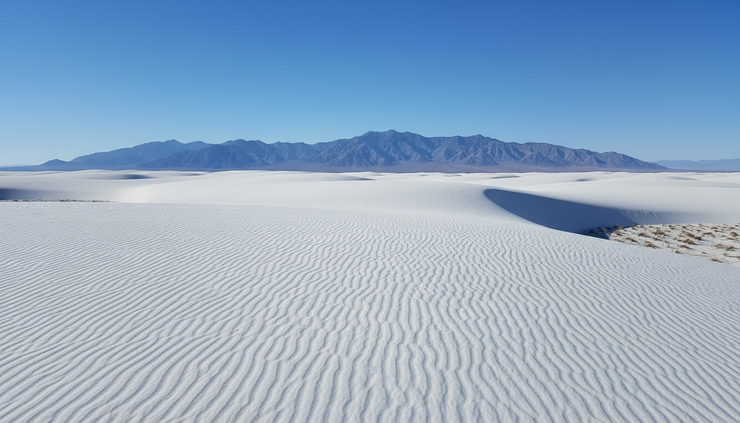 Wide-angle view of white gypsum dunes under a blue New Mexico sky