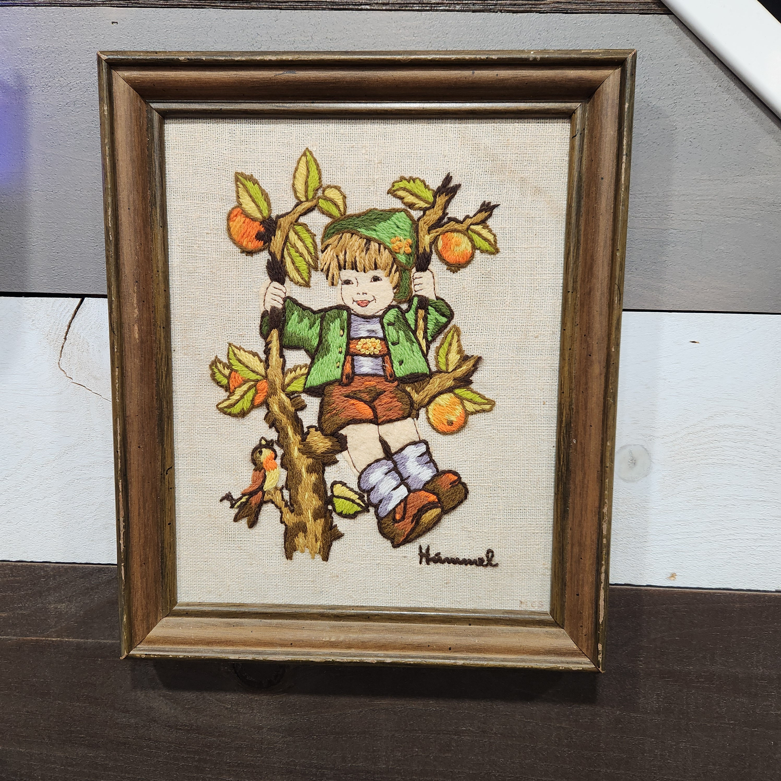 copy of 1974 Hummel "Boy in Apple Tree " Crewel Embroidery piece