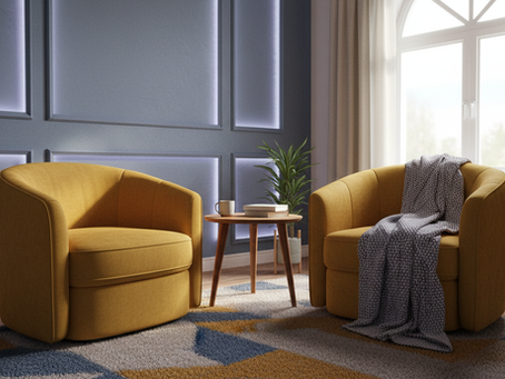 Eye-level view of a cozy therapy room with soft lighting and comfortable chairs