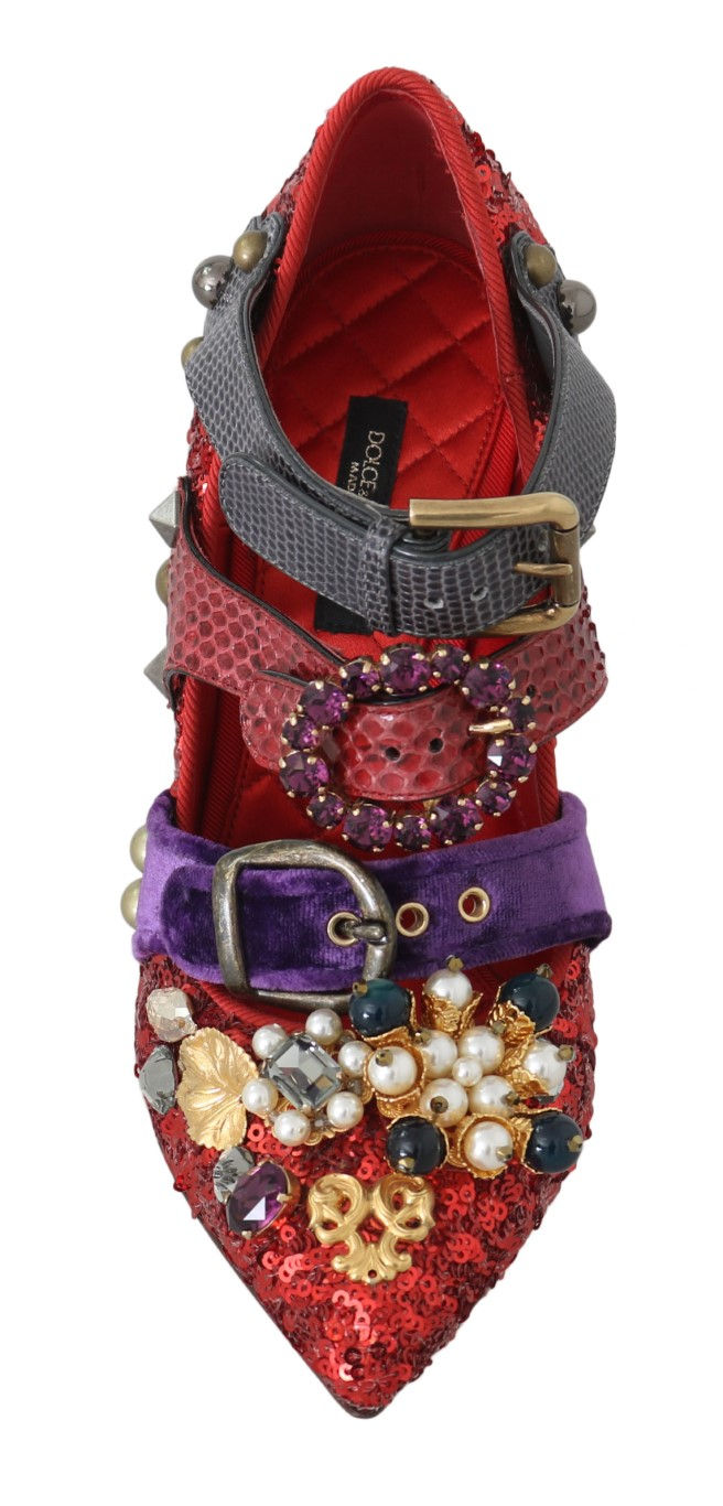 Thumbnail: Dolce & Gabbana Red Sequined Crystal Studs Heels Shoes