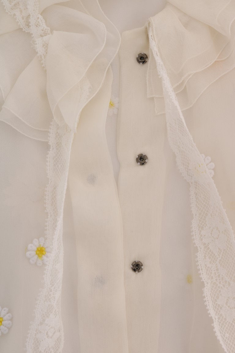 Thumbnail: Dolce & Gabbana White Daisy Applique Silk Shirt