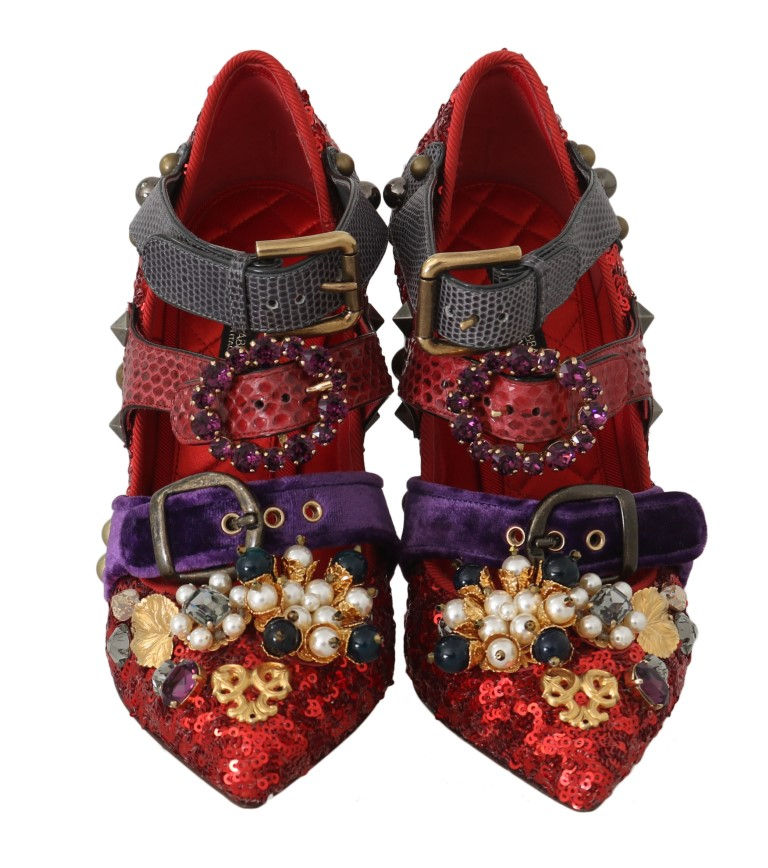 Thumbnail: Dolce & Gabbana Red Sequined Crystal Studs Heels Shoes