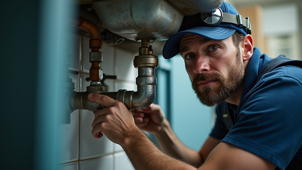 Eye-level view of a plumber inspecting pipes under a sink