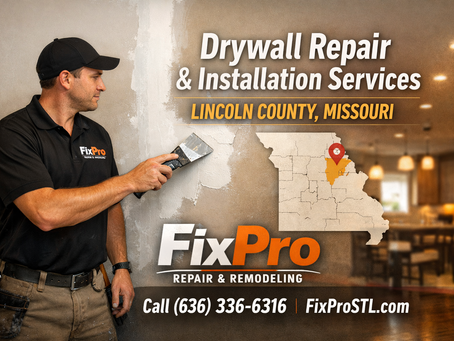 Drywall Repair and Installation Services Lincoln County Missouri performed by a FixPro technician repairing damaged wall drywall inside a residential home