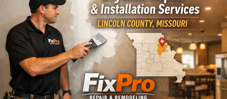 Drywall Repair and Installation Services Lincoln County Missouri performed by a FixPro technician repairing damaged wall drywall inside a residential home