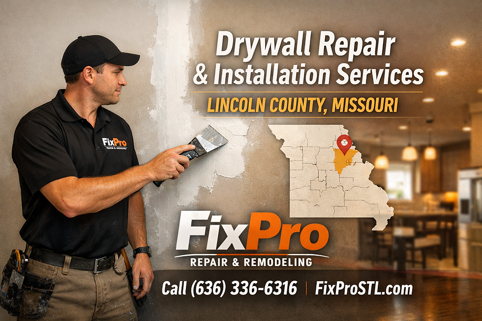 Drywall Repair and Installation Services Lincoln County Missouri performed by a FixPro technician repairing damaged wall drywall inside a residential home