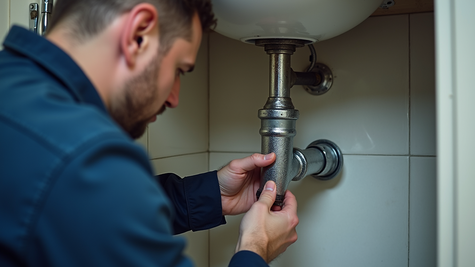 Close-up view of a plumber fixing a leaking pipe under a sink