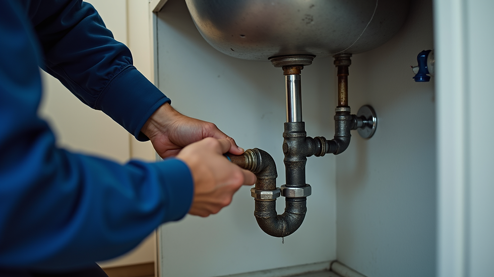 Close-up view of a plumber fixing a leaking pipe under a sink