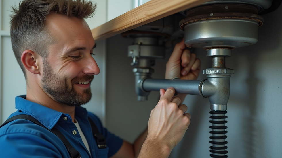 Close-up view of a plumber fixing a leaking pipe under a kitchen sink