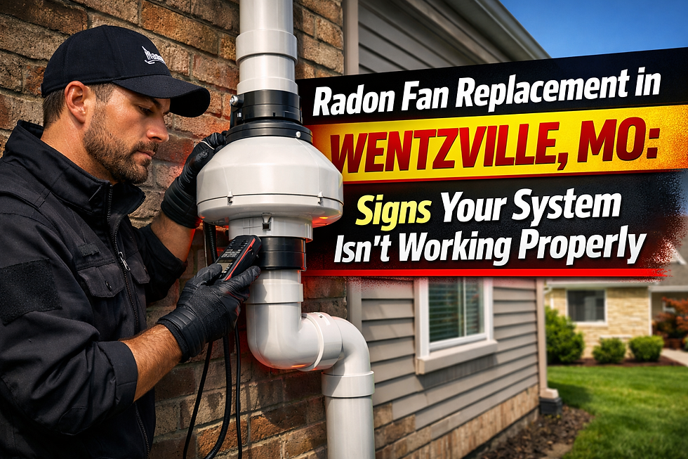 radon fan replacement in Wentzville MO by Radon Ninjas technician inspecting a mitigation system