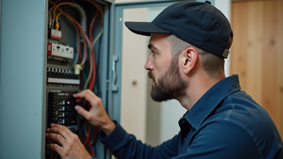 Eye-level view of a professional technician inspecting a home’s electrical panel