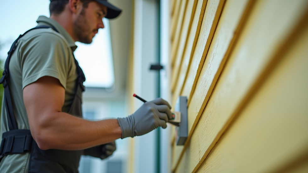 Close-up view of a painter applying exterior paint on a house siding