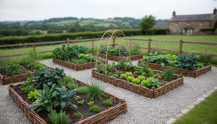 Eye-level view of a kitchen garden with woven willow edging around vegetable beds.