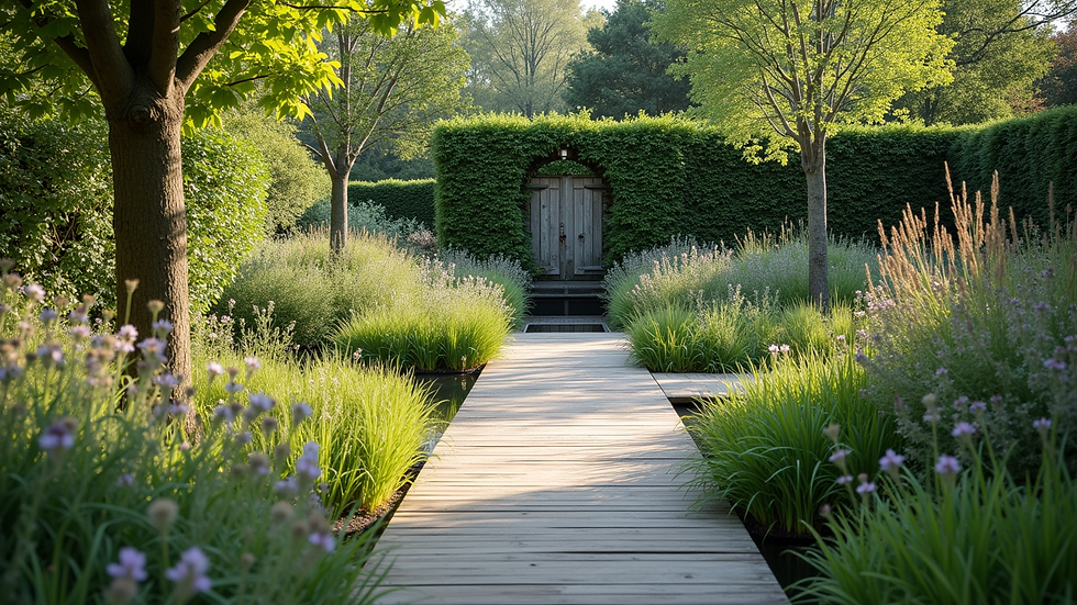 Wide angle view of a sustainable Dutch garden with water features and native plants