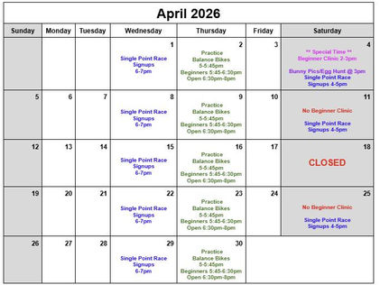 April 2026 Calendar | Oak Creek BMX