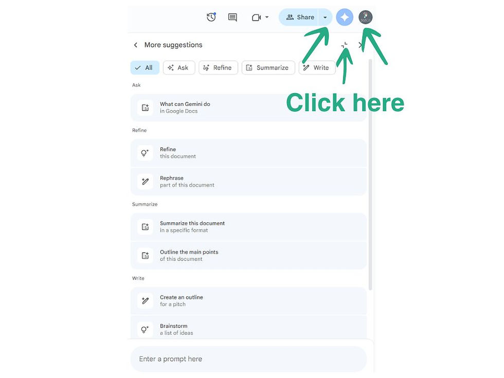 Interface of Gemini in Google Docs with the sparkle icon highlighted and options like refine, rephrase, summarize, and brainstorm displayed, showcasing how users can boost productivity directly within their documents