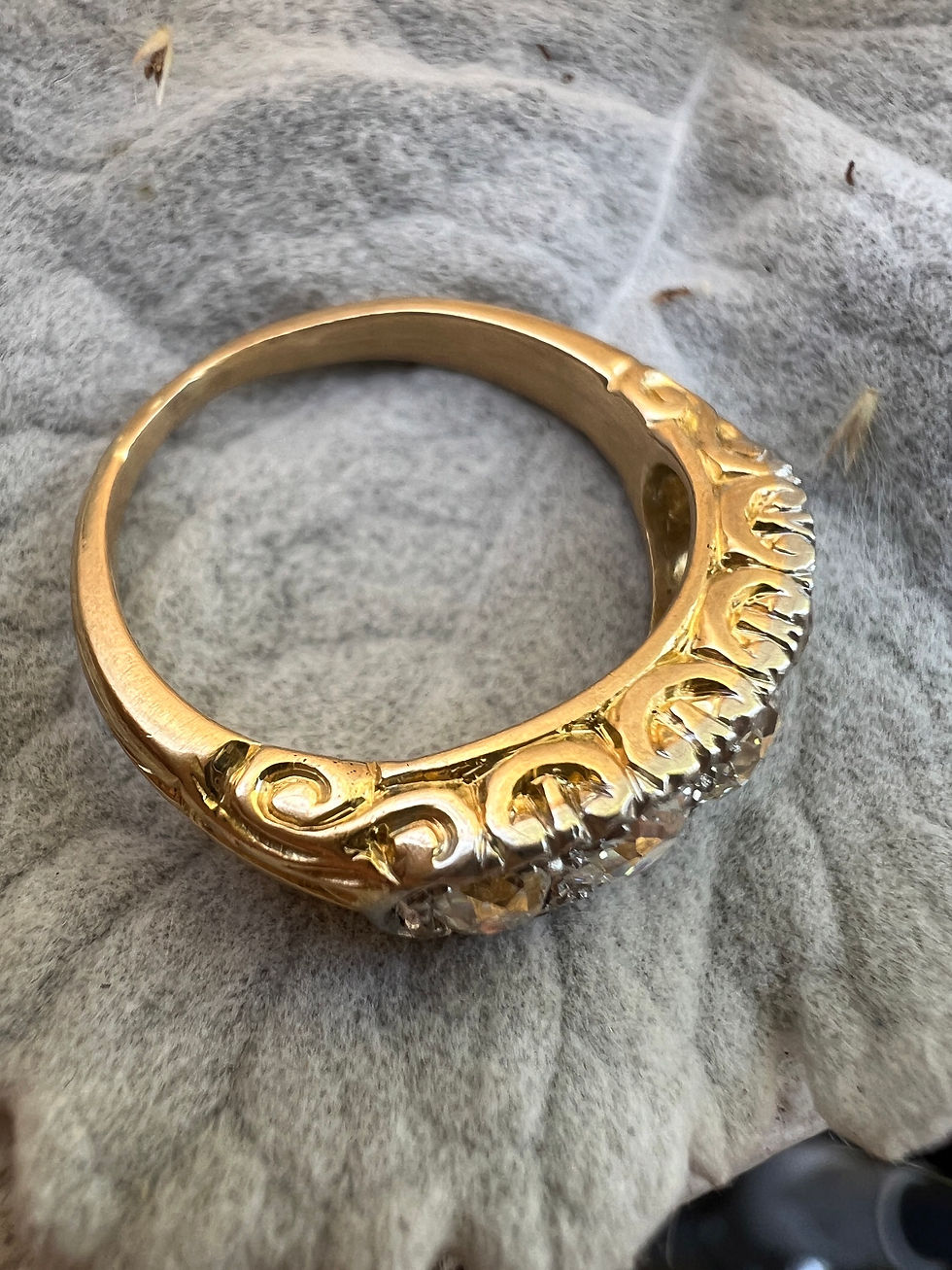 Thumbnail: Rare antique old mine cut diamonds for sale in a stunning 1890s French Victorian half-hoop setting.