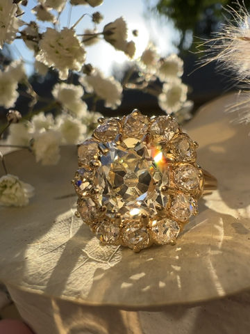 Thumbnail: Elegant French antique ring showcasing 2.47ct old mine cut diamonds in a timeless halo design from the 1800s.