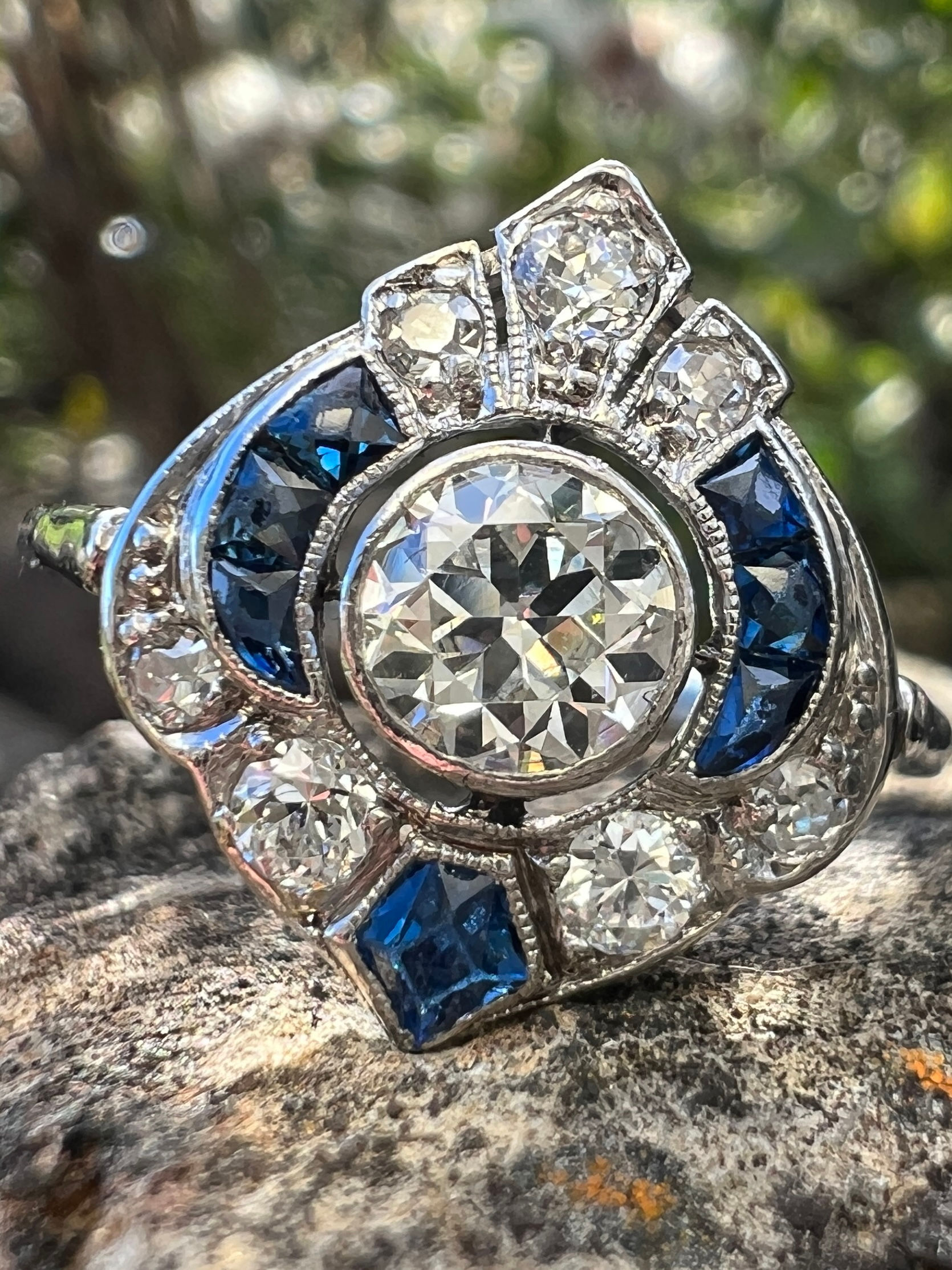 Art Deco OEC Diamond & French Cut Sapphire Ring 