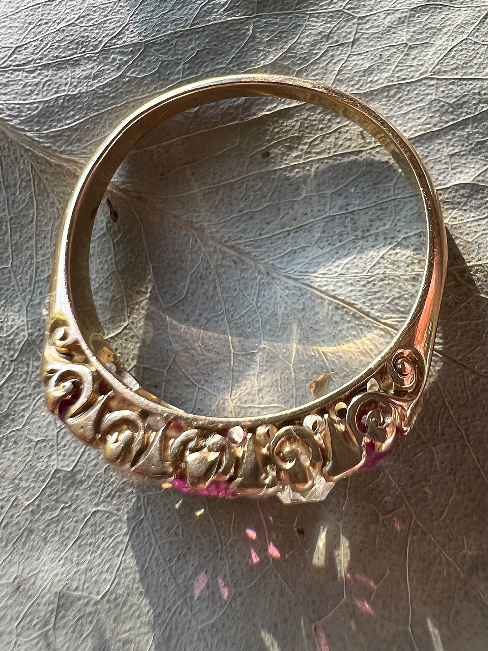 Thumbnail: old mine cut diamonds for sale in this Burma ruby antique ring