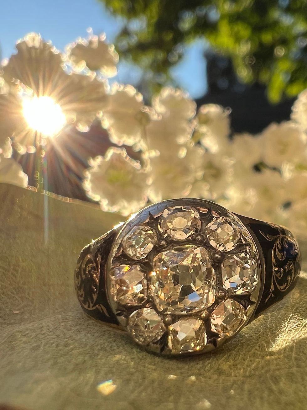 Thumbnail: Georgian diamond ring featuring old mine cut diamonds in a unique cluster design, perfect for antique jewelry lovers.