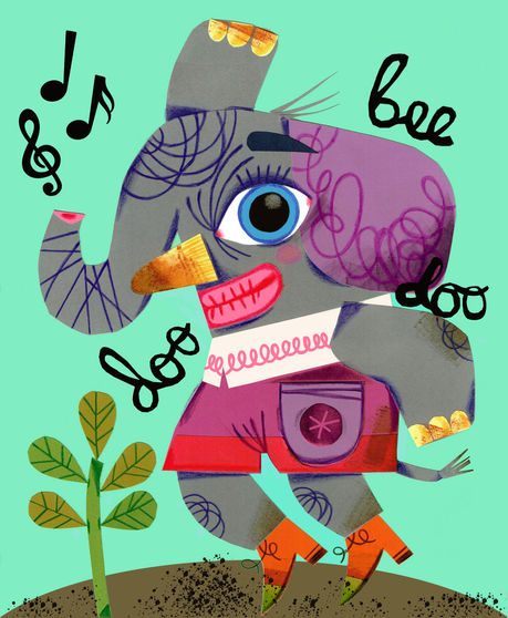 A birthday card design featuring an elephant dressed in swinging clothes dancing and singing "doo-bee-doo".