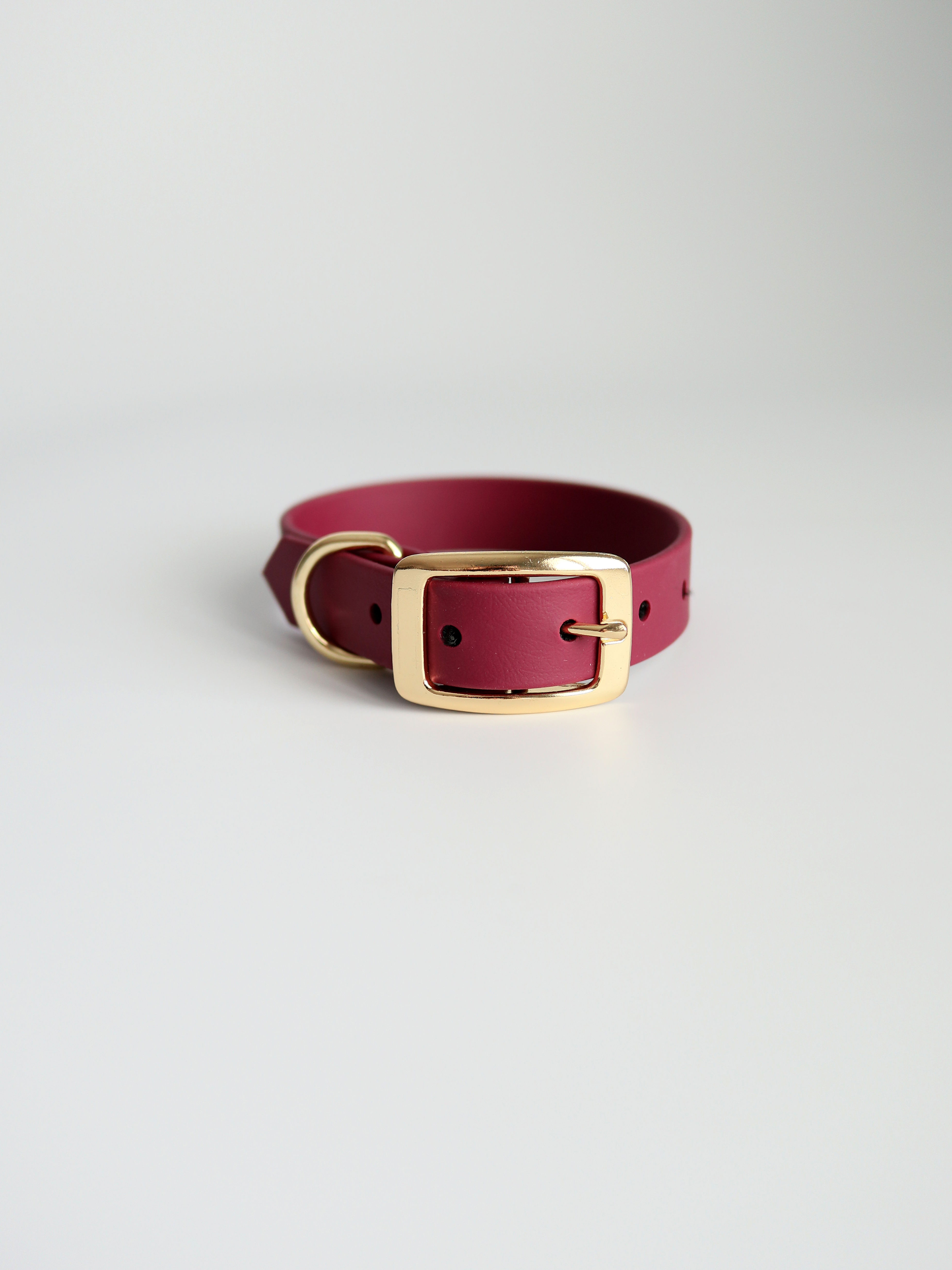 Classic collar in merlot with brass buckle and d-ring hardware.