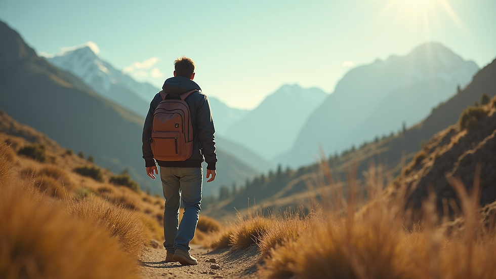 Eye-level view of a traveler exploring a scenic landscape