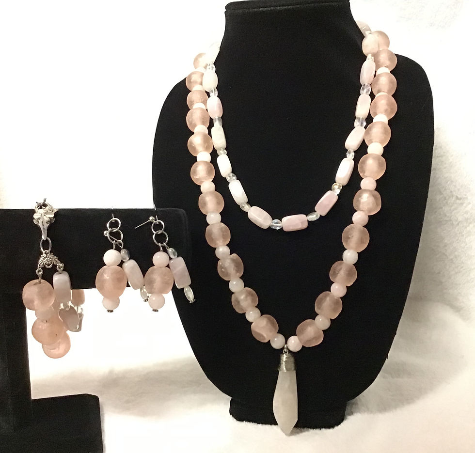 Thumbnail: Rose Quartz, Potato Quartz, And African Recycled Glass Necklace Set