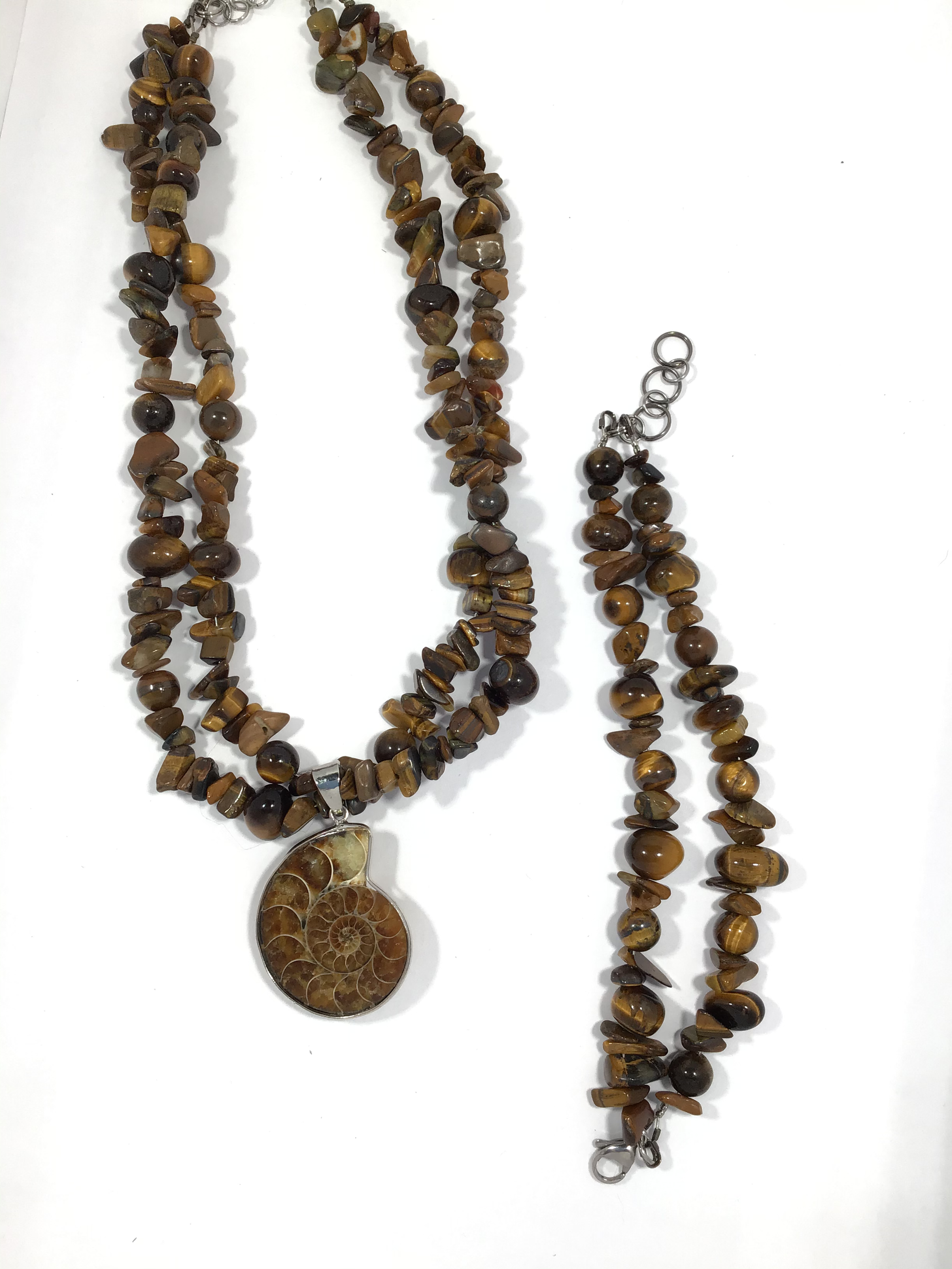2 Layer Tigereye Necklace Set With Fossil Shell Pendant