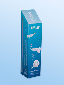 Fischfutterverpackung mit der Aufschrift Forella auf blauem Hintergrund