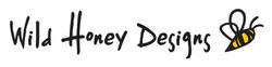 Image showing the Wild Honey Designs logo - handwritten font and hand-drawn 'bee' graphic
