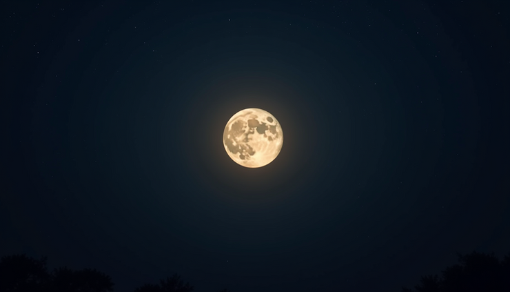 Eye-level view of a glowing full moon against a dark sky