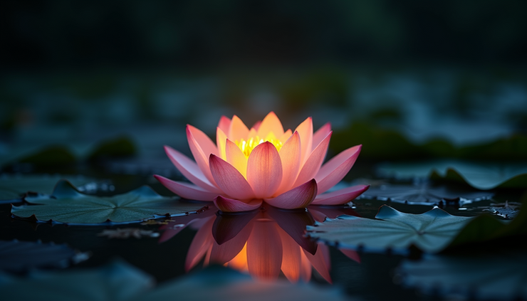 High angle view of a glowing lotus flower emerging from dark water