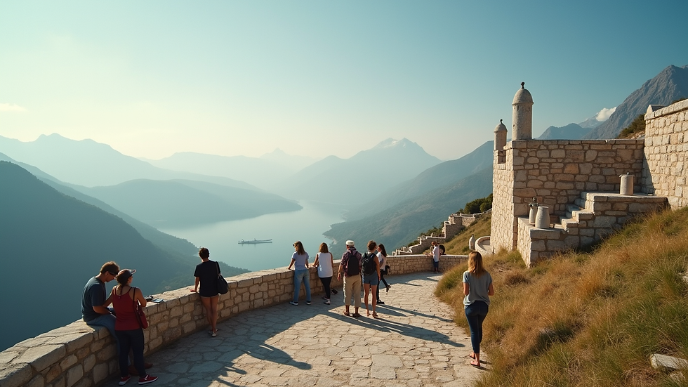 Eye-level view of a scenic tour location with tourists enjoying the view
