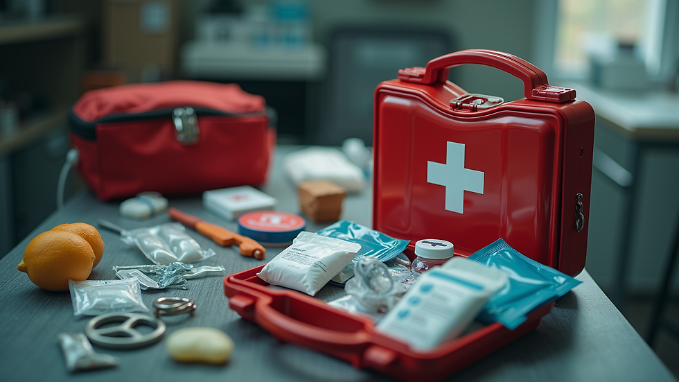 Close-up view of a well-organized first aid kit with various medical supplies