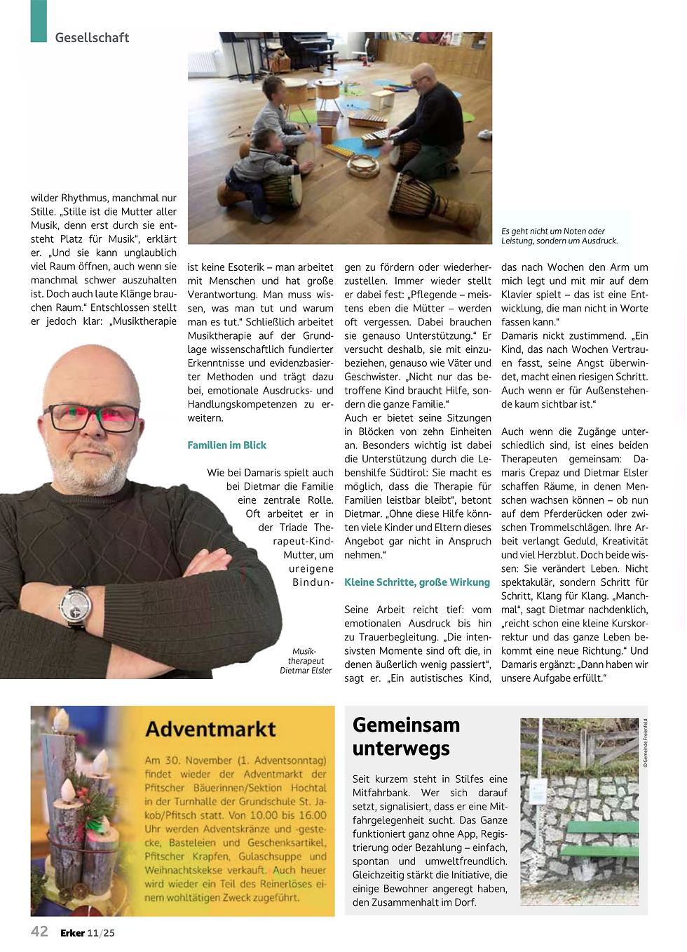 Artikel über Reittherapie und Musiktherapie in "Der Erker", November 2025