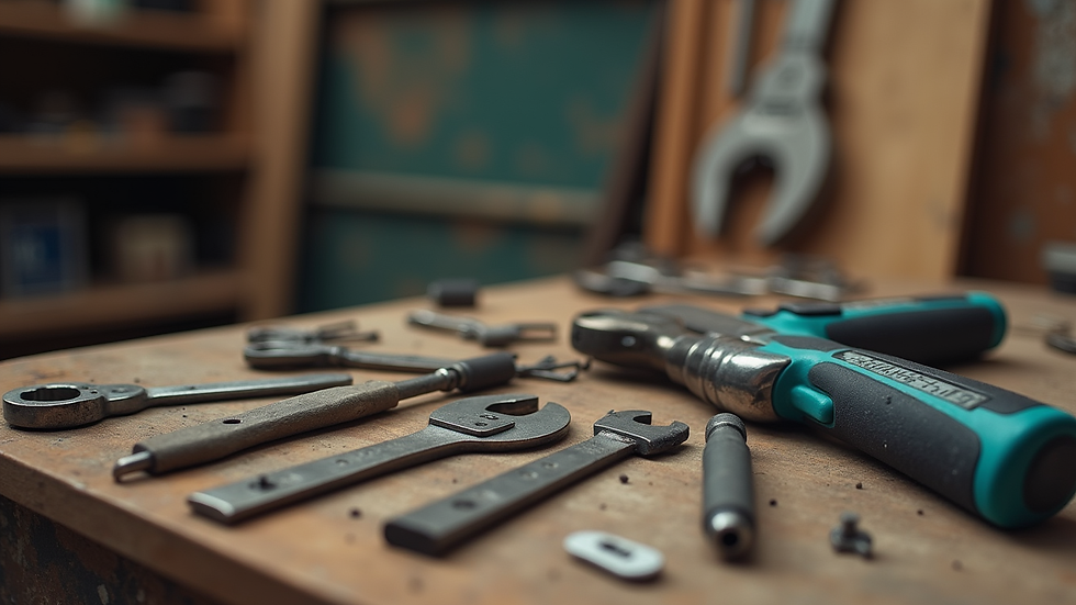 Close-up view of tools laid out on a workbench ready for home repairs