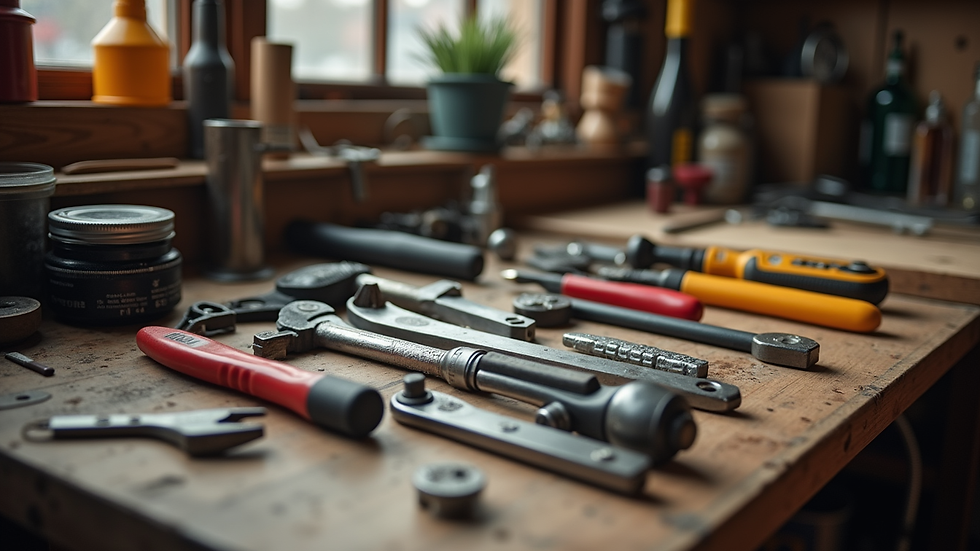 Close-up view of handyman tools laid out neatly on a workbench