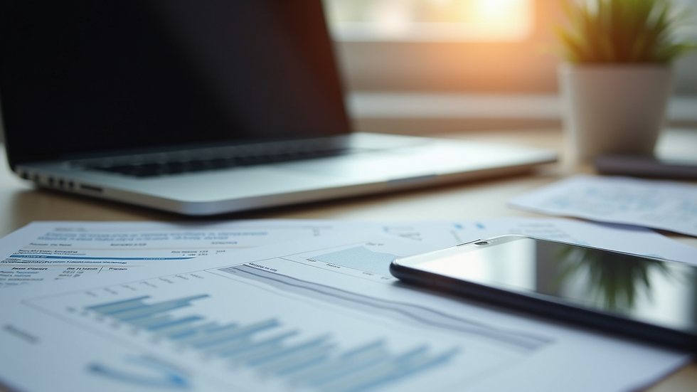 High angle view of a laptop and financial documents on a desk
